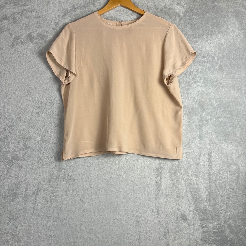 Jones New York Silk Blouse 14 Beige Short Sleeve Flutter Crew Neck Top